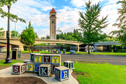 looking at the clock tower in Riverfront Park in Spokane