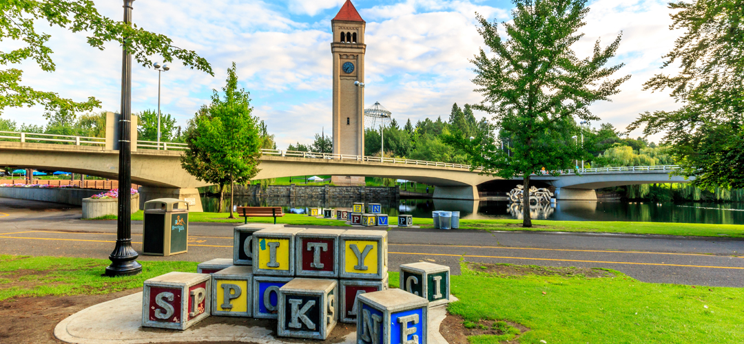 landscape in the Riverfront Park with clocktower in background