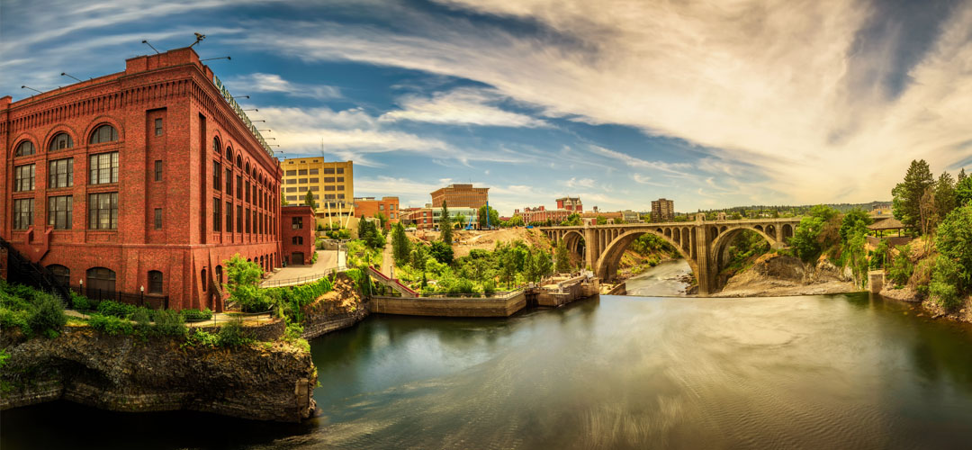 Panorama of the Spokane River and Monroe Street Bridge