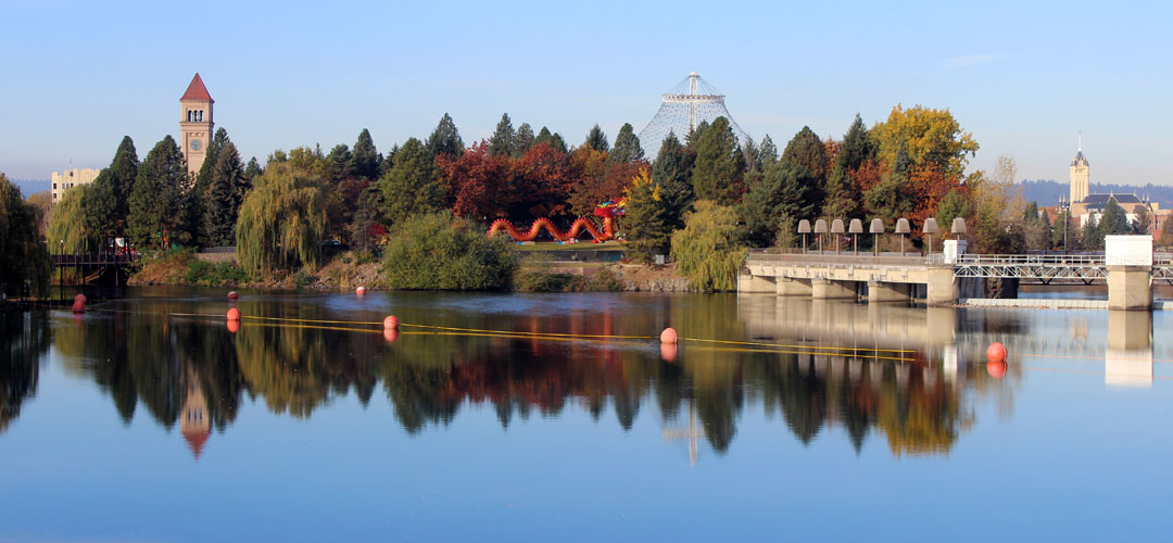 Looking at the pavilion at Riverfront park from across the Spokane River