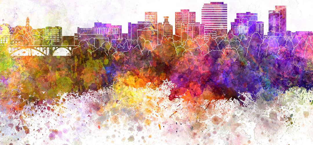 watercolor artwork of Spokane city skyline
